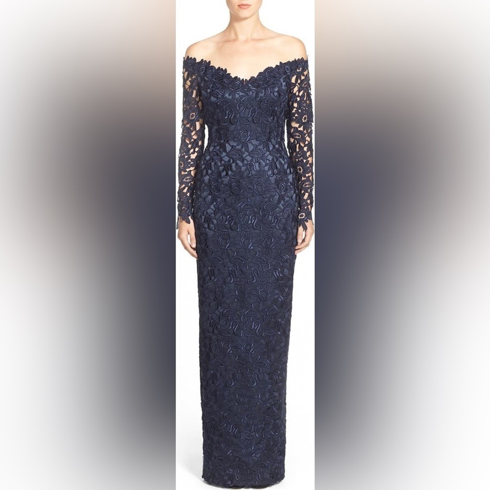 HELEN MORLEY Off the Shoulder Guipure Lace Column Long Sleeve Navy Blue Gown 12